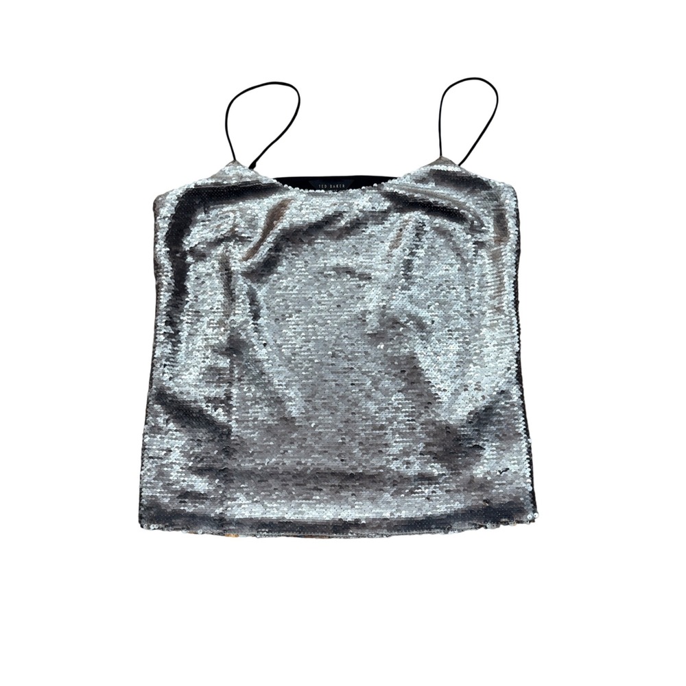 Ted‎ Baker Silver Sequin Camisole Sheer Back Spaghetti Strap Tank Top Size M